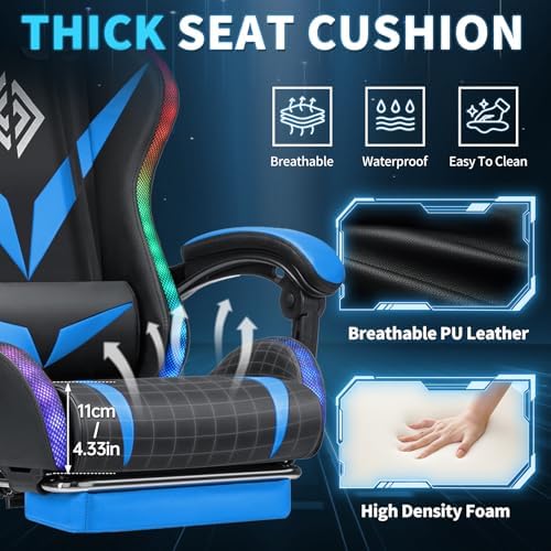 RGB Gaming Chair with Massage & Footrest Racing Style Computer Chair-Blue