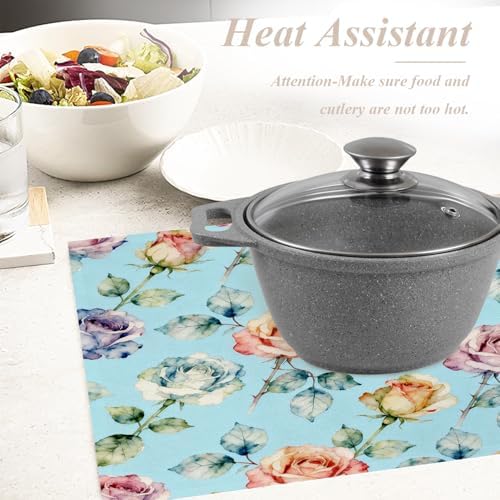 Shrahala Flower Set of 6 12 X 18 Inch Linen Placemats, Beautiful Flower Pattern Beauty Blossom Bouquet Elegant Floral Burlap Table Mat Washable Double Layered Heat Insulation for Indoor/Outdoor