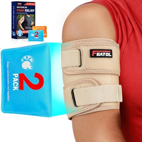FEATOL Bicep Tendonitis Brace with 2 Gel Ice Packs, Upper Arm Brace Tricep Compression Sleeve Support Hot & Cold Therapy for Men and Women, Pain Relief for Muscle Strains,Inflammation (Beige with 2 ice packs, Small)