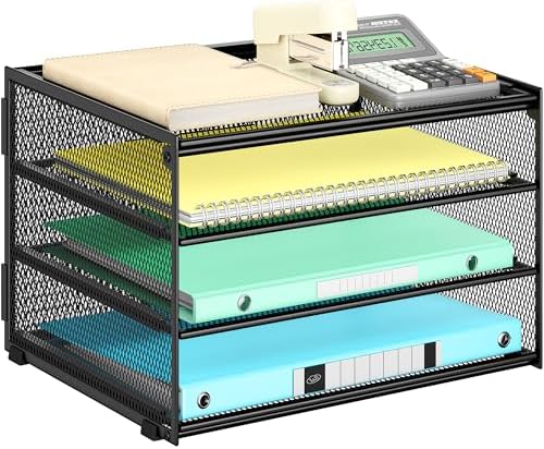 Lavatino 3-Tier Letter Tray Desk Paper Organizer – Black Mesh Metal File Tray Organizer for Desk, Office Supplies & Home Organization | Fits A4/Letter Paper, Mail, Magazines and Office Accessories