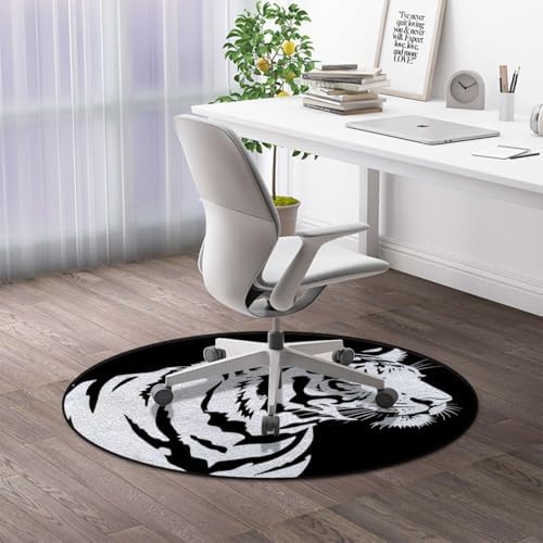Black Lines Round Gaming & Office Chair Mat, Tiger Profile Jungle Animal Anti-Slip Floor Protector for Rolling Chairs, Durable Computer Chair Mat, Black White Diameter 47.2 in