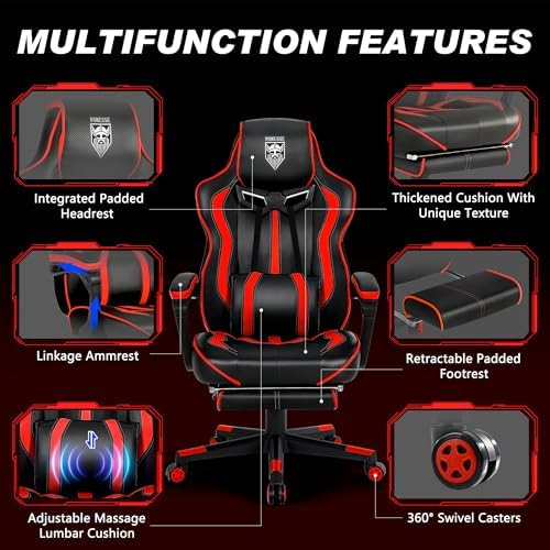 Vonesse Gaming Chair for Adults, Reclining Gaming Chairs with Footrest and Massage, Computer Gaming Chair for Heavy People,Ergonomic Gamer Chair Big and Tall (Red/Black)