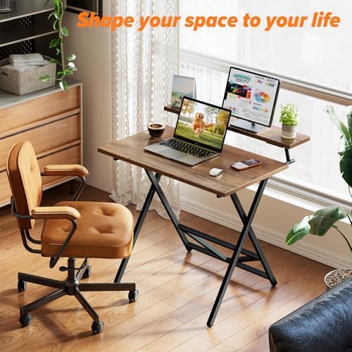 WOHOMO Folding Computer Desk with Monitor Stand, Adjustable Height, Walnut
