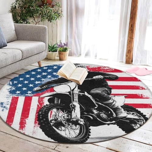 Men's Large Home Decor Mat, Soft Round Yoga Carpet, Non Slip Machine Washable Home Office Circle Rug American Flag Dirt Bike Motocross