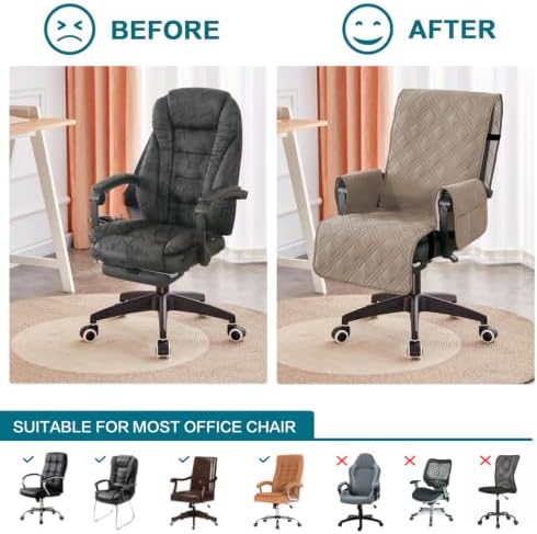 Turquoize Waterproof Office Chair Cover with Armrest Covers Computer Desk Chair Cover Office Chair Protector with Arms Office Chair Seat Cover Slipcover with Anti-Slip Buckle for Home Office, Taupe
