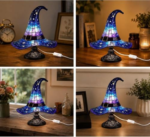 Stained Glass Witch Hat Lamp, Handcrafted Resin Halloween Witch Lamp (Blue)