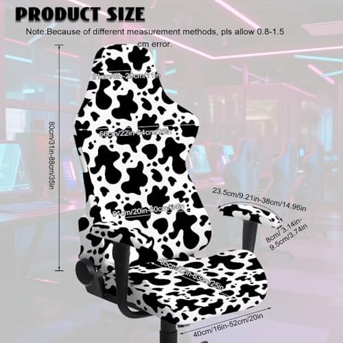 Cow Print Gaming Chair Cover Stretchable Game Chair Slipcovers with 2 Armrest Covers, Scratch-Proof Gamer Desk Chair Covers for Computer Office Seat