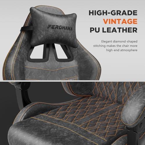 Ferghana Vintage PU Leather Gaming Chair, Ergonomic Reclining Racing Gamer Chair with Massage Lumbar Support, High Back Computer Office Chair with Footrest for Adults, Grey