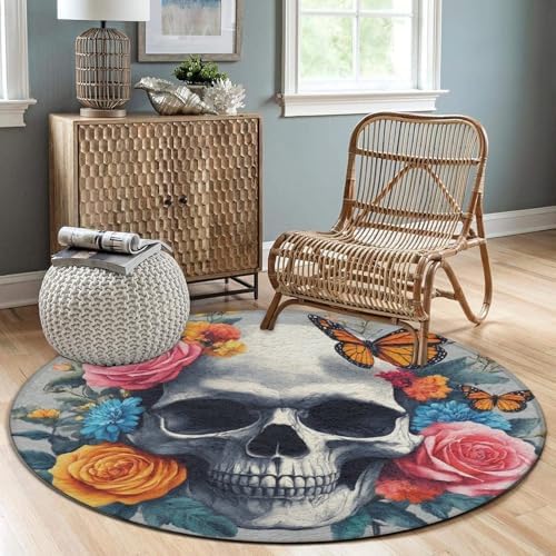 Large Home Decor Mat, Soft Round Yoga Carpet, Non Slip Machine Washable Kitchen Office Circle Rug Flower Sugar Skull