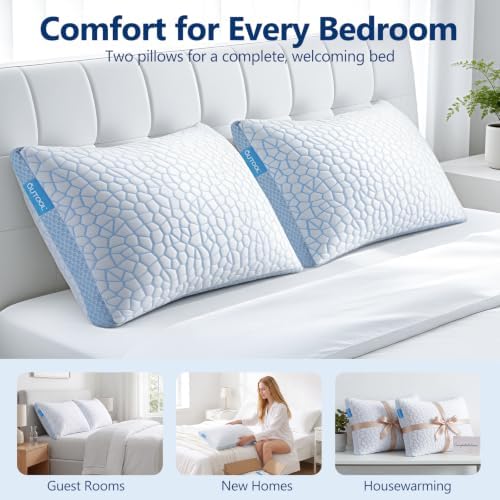 QUTOOL Enhanced Cooling Pillows for Sleeping, CertiPUR-US Shredded Memory Foam Pillows Standard Size Set of 2 for Hot Sleeper, Adjustable Pillow for Side, Back, Stomach Sleepers Support Yet Soft, Blue