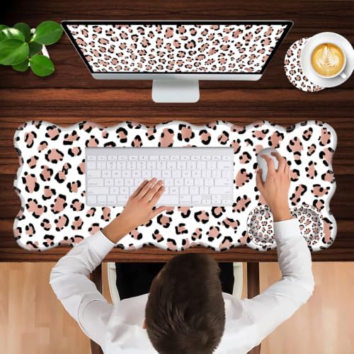 Mouse Pad with Wrist Support + Desk Mat + Coaster 3 in 1 Set, XL Large Gaming Mousepad Ergonomic Mouse Pads for Desk Computer Laptop Office,Leopard Print
