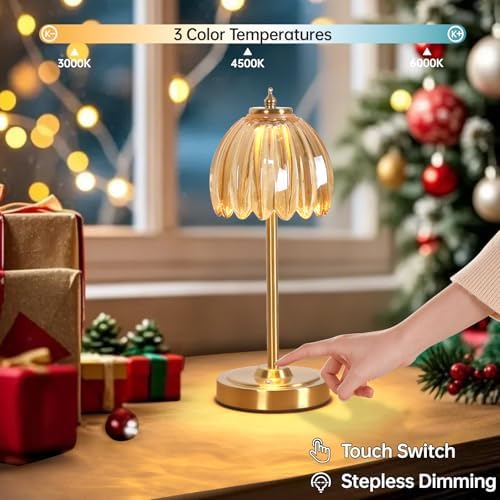 Shenmoyl Set of 2 Tulip Table Lamp with 5000mAh Battery & Touch Control, Cordless Table Lamp with 3 Colors, Dimmable Rechargeable Table Lamps for Bedroom, Living Room, Entryways (Amber Tulip)