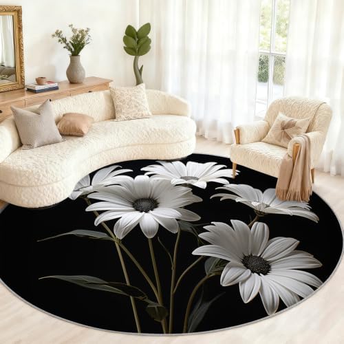 Floral Round Rug - 8ft Washable Abstract Floral Round Area Rug for Living Room, Modern Fashion Circle Rugs Soft Non-Slip Carpet for Bedroom Dining Table Coffee Table Decor Mat