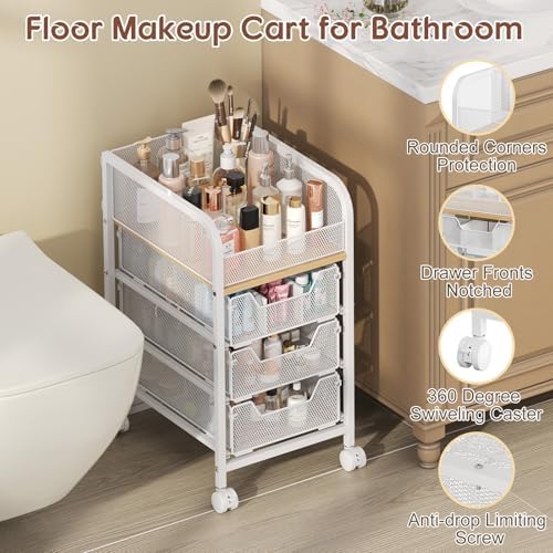 Hongtamoya Rolling Makeup Cart Organizer with 3 Drawers, Narrow Floor Skincare Organizers, Cosmetics Display Cases Vanity Organizer for Skin Care Nail Polish Perfume Makeup Brush, White