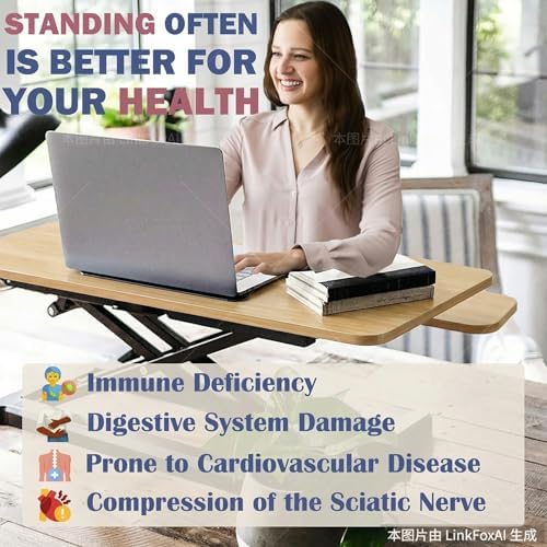 32 Inch Height Adjustable Stand Up Desk Riser, Heavy Duty Computer Workstation with Removable Keyboard Tray - Ergonomic Design for Home Office Workshop Gaming, Spacious Platform(Natural)