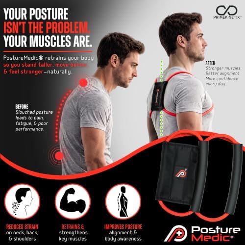 PRIMEKINETIX PostureMedic Dynamic Posture Corrector - Active Resistance Training System for Upper Back Strengthening & Shoulder Alignment - Stretches Chest, Strengthens Back - Doctor Recommended - Size S (Red)