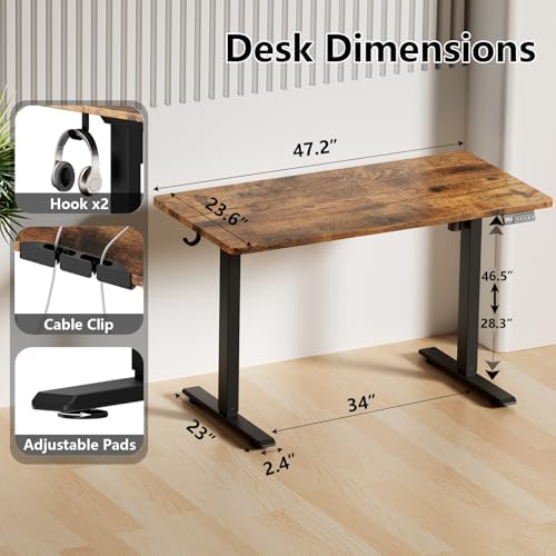 Electric Standing Desk, Adjustable Desk with 3 Memory Height, 47.2" Stand Up Desk with Two Desktops for Home Office, Study and Gaming