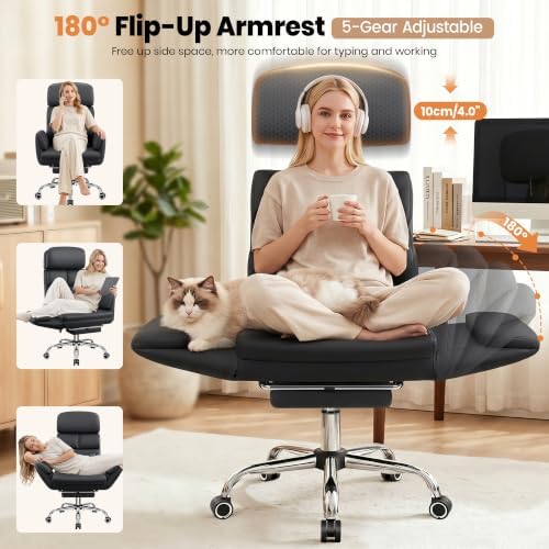 Big and Tall Leather Office Chair, Cross Legged Flip Arms, Black
