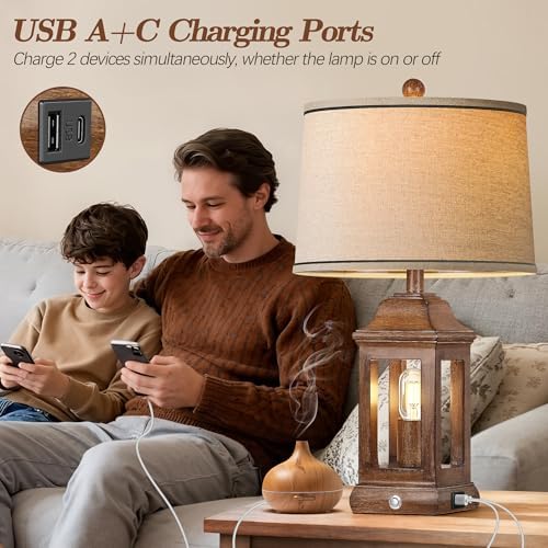 24" Rustic Farmhouse Table Lamps for Living Room Set of 2, Touch Dimmable Nightlight Vintage Bedside Lamps with USB A+C Ports & Dual Light Sources for Bedroom Nightstand End Table, Wood Grain