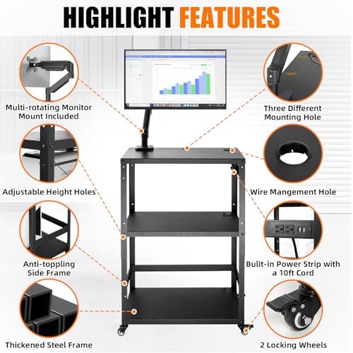 AV Cart with Monitor Mount, Height Adjustable Media Cart with Wheels and Power Strip, Rolling Workstation for Office, Classroom & Warehouse, Steel Presentation Stand for Projector, Laptop & Printer