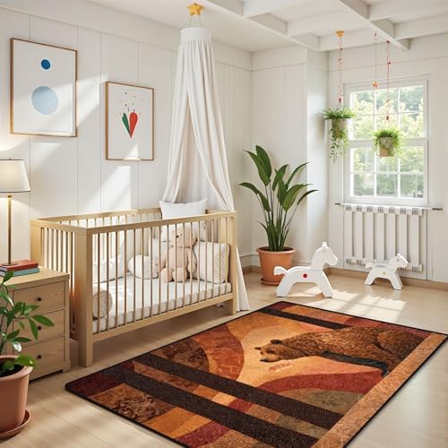 Peaceful Bear Amidst Tall Pines Soft Painted Area Rug Outdoor Patio Rug Play Mat Modern Floor Carpet Non-Slip Home Decor Living Room Kids Bedroom Nursery, 3x5 ft