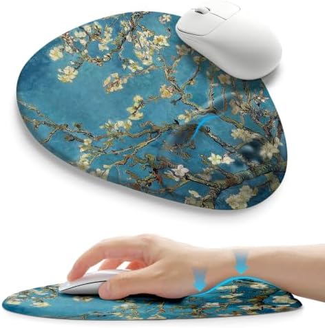 Palm-Rest and Wrist-Hugging Mouse Pad Wrist Rest, Ergonomic Wrist Support with Curve Fitting Cushioned Memory Foam for Carpal Tunnel Pain Relief, 9.9 x 8.3 Inch, Van Gogh Apricot Blossom