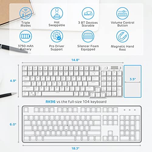 RK ROYAL KLUDGE RK96 Wireless Mechanical Keyboard with Magnetic Wrist Rest
