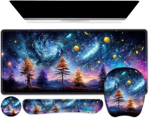4 in 1 Large Mouse Pad, Keyboard Wrist Rest Set, Ergonomic, Non-slip, Waterproof, Colorful World