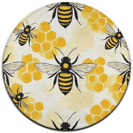 Large Machine Washable Circular Rugs, Home Decor Round Mat for Living Room Sofa Office Yellow Bee
