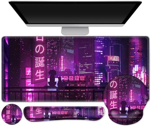 Gaming Mouse Pad, Large Desk Mat, Cute Desk Pad, 4in1 XXL Mousepad + Keyboard Wrist Rest+Mouse Wrist Rest+Coaster Set with Ergonomic Desk Pad for Home Office Table Computer, Purple Anime Neon