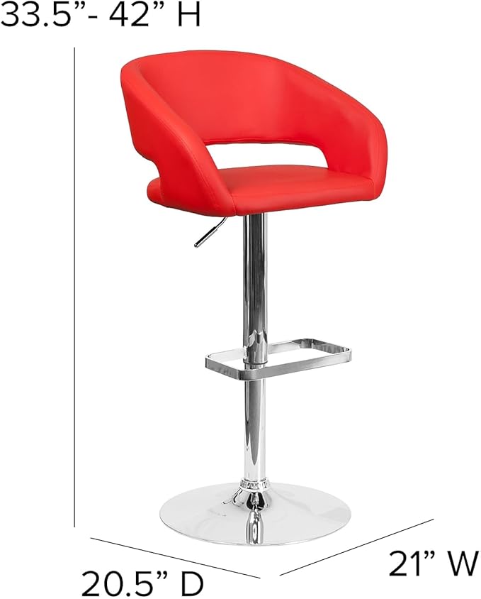 Flash Furniture Erik Comfortable & Stylish Contemporary Barstool with Rounded Mid-Back and Foot Rest, Adjustable Height - Red Vinyl with Chrome Base