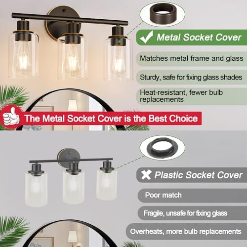 Zarbitta 3-Light Bathroom Light Fixtures, Brown and Gold Bathroom Wall Lights, Modern Vanity Light with Clear Glass Shade, Bathroom Wall Lamp for Mirror Hallway Cabinet