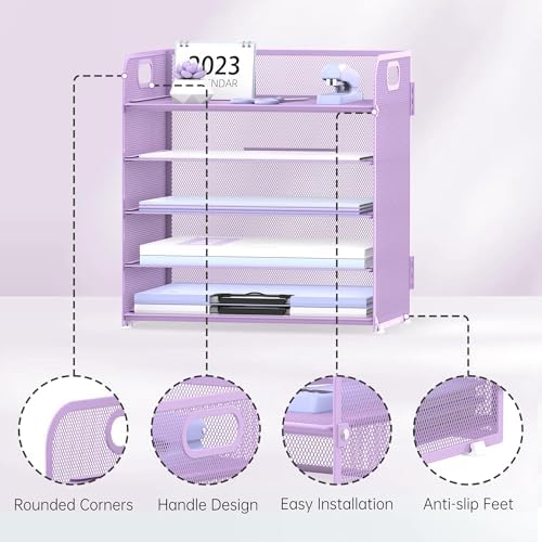 2 Pack 5-Tier Purple Desk Organizer with Handle Mesh Desk File/Paper Organizer Letter Tray for Office, School and Home Easy Installation Purple Office Supplies