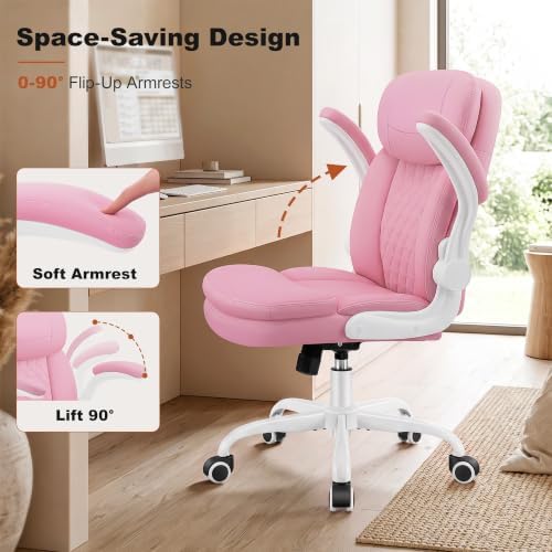 Leather Office Chair, Pink Computer Desk Chair with Dual Back Support