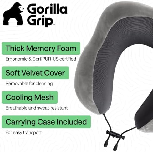 GORILLA GRIP Travel Neck Pillow for Airplanes, Travel Essentials, Gray