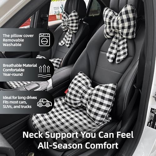 2PCS Chic Car Headrests with Bow-Shaped Cotton Linen Bowknot Neck Pillows for Cozy Road Trip & Cute Interior Decoration (Black Plaid)