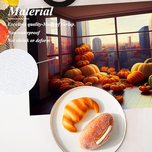Shrahala Happy Thanksgiving Day Set of 4 12 X 18 Inch Linen Placemats, Pumpkins Floor-to-Ceiling Windows Harvest Burlap Table Mat Washable Double Layered Heat Insulation for Indoor/Outdoor