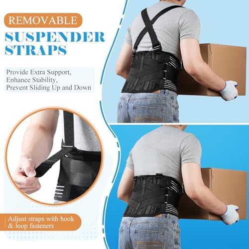 Back Support Belt with 2 Removable Suspender Straps, Back Posture Corrector for Heavy Lifting Safety Protector, Work Back Brace for Men Women in Construction, Warehouse Jobs Large