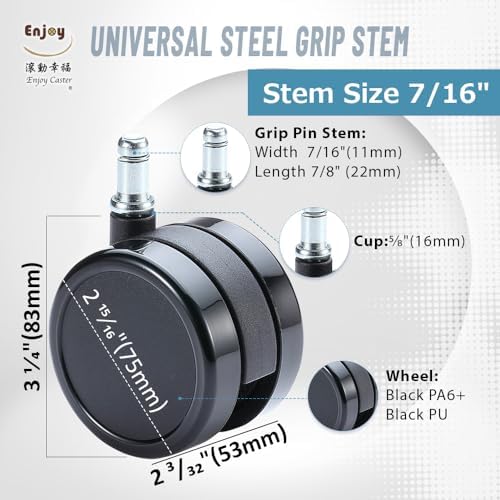 Enjoy Caster | 3 Inch Office Chair Casters for Herman Miller Aeron Steelcase Leap Chair | Dual Injection Polyurethane Wheels for Hardwood Floors | Universal Stem Size 7/16" Office Chairs (7506BUB-16)