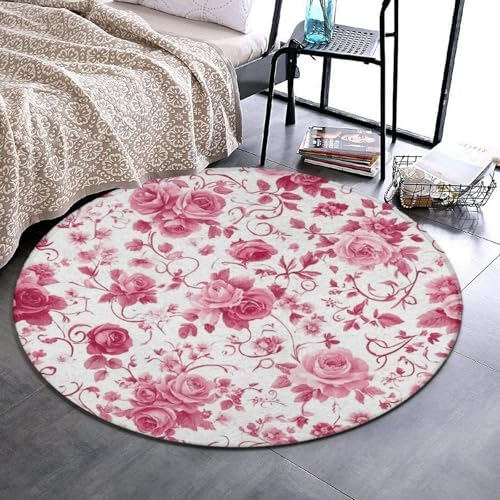 Large Home Decor Mat, Soft Round Yoga Carpet, Non Slip Machine Washable Home Office Circle Rug Pink Flowers Rose Floral