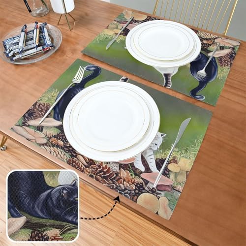 Placemats Set of 4 for Dining Table, Cat Stretching Cloth Placemats Heat Resistant Place Mats Linen Thick Washable Kitchen Table Mats, 12x18 in