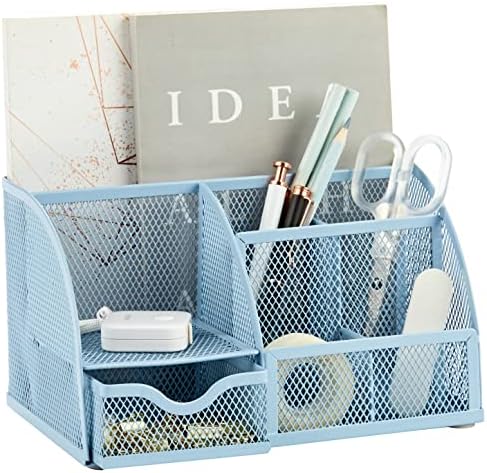 Annova Mesh Desk Organizer Office with 7 Compartments + Drawer/Desk Tidy Candy/Pen Holder/Multifunctional Organizer (New Blue23)