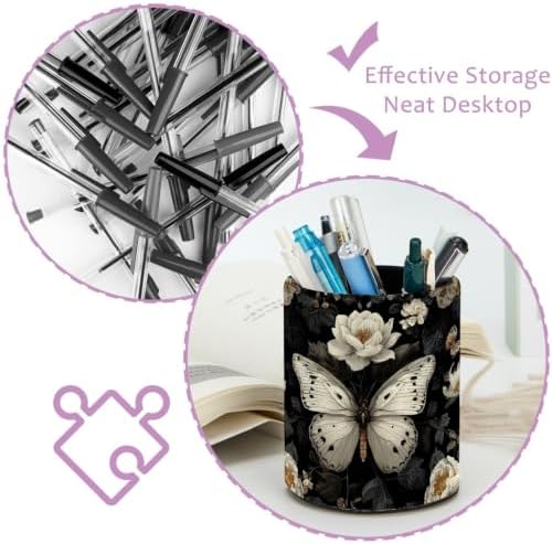 Leather Pen Holder for Desk, White Butterfly Pencil Cup Pen Organizer Makeup Brush Holder for Office Home Kids Countertop Desk Accessory Storage