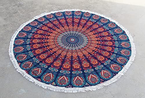 Round Beach Tapestry Turquoise Mandala Throw/Boho Hippie Beach Blanket Roundie/Indian Cotton Bohemian Large Round Table Cloth-Home Decor/Yoga Mat Meditation Picnic Rug (42", Orange and Blue)