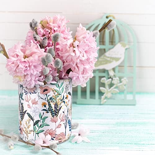 Large Capacity Floral Pen Holder for Desk, Leather Pencil Holder Pen Cup Marker Holder Makeup Brush Holder, Desk Accessories & Workspace Organizers for Home, Office, White Flower