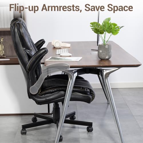 450LBS Ergonomic Office Chair with Flip Up Arms, Heavy Duty PU Leather Big and Tall Desk Chair, High Back Swivel PC Chair for Home Office, Gaming, Black