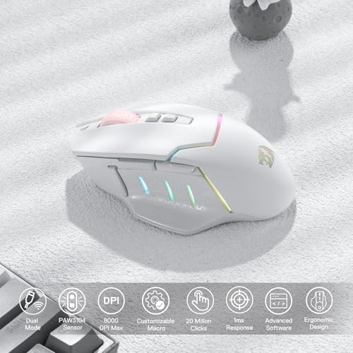 Redragon M690 PRO Wireless Gaming Mouse, 8000 DPI Wired/Wireless Gamer Mouse w/Rapid Fire Key, 8 Macro Buttons, Ergonomic Design for PC/Mac/Laptop, White