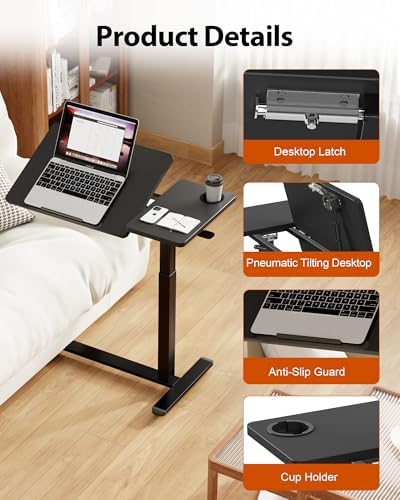 Overbed Table with Wheels, Pneumatic Lift, Foldable Top (Black)