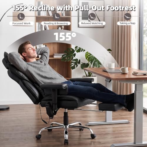 6 Points Massage Heated Home Office Chair with Foot Rest, Black