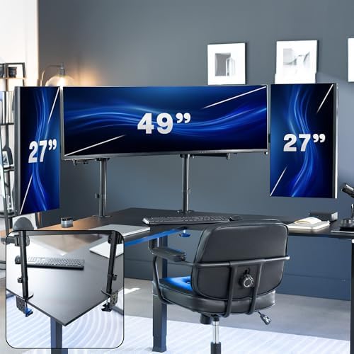 VIVO Clamp-on Dual Pole Triple Monitor Desk Mount for 1 Center Utrawide up to 49 inches and 59.4 lbs, 2 Side Screens up to 38 inches and 17.6 lbs, Low Profile Adjustable Stand, Black, STAND-V300CU